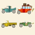 Set of retro car, bus, pickup and truck in comics cartoon style on beige background. Collection with vintage cars