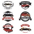 Set of retro car service emblems. Vintage vehicle, repair autom