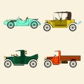 Set of retro car, sports car, pickup and truck in comics cartoon style on a beige background.