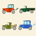 Set of retro cars, truck and pickup in comics cartoon style on beige background. Collection with vintage car, truck and pickup