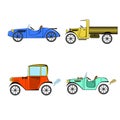 Set of retro cars, truck and sports car in cartoon style on white background. Collection with vintage car, truck and sports car