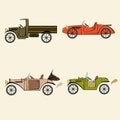 Set of retro cars, truck and sports car in comics cartoon style on beige background. Collection with vintage cars