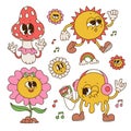 Set of retro cartoon characters with face expressions. Retro groovy contour graphic flowers, mushroom, melting yellow Royalty Free Stock Photo