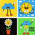 Set retro cartoon stickers with funny comic characters with funny faces, gloved hands and feet. Trendy abstract cartoon Royalty Free Stock Photo