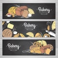 Set of retro chalk drawing bakery banners. Bakery products