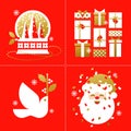 Set of retro Christmas cards with snow globe, holiday gifts, white dove and cute Santa Claus Royalty Free Stock Photo