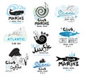 Set retro of clubs and bars logo and emblems. Design elements and icons to the theme of the sea and music. Royalty Free Stock Photo