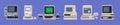 Set of retro desktop computers. Old pc machines with outdated monitors, old-fashioned keyboards, obsolete joystick and