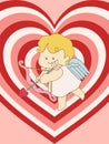 Set retro doodle character cute cupid eros angel with heart and abstract background