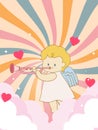 Set retro doodle character cute cupid eros angel with heart and abstract background Royalty Free Stock Photo