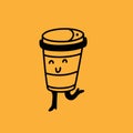 Set of retro doodle funny character poster. Vintage drink vector illustration. Latte, cappuccino, coffee cup mascot