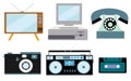 A set of retro electronics, technology. Old, vintage, retro, hipster, antique kinescope TV, computer with floppy, disk phone, came Royalty Free Stock Photo