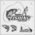 Set of retro fishing labels, badges, emblems and design elements. Royalty Free Stock Photo