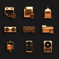 Set Retro flip clock, Dead mobile, Hard disk drive HDD, Delete folder, IV bag and Stereo speaker icon. Vector