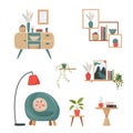 Set of retro furniture and decorative elements for cute minimalistic interior. Cozy living room flat vector illustration. Trendy Royalty Free Stock Photo