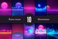 Set of retro futuristic backgrounds. Rave party flyer design template in 80s style. Retro cityscape, mountain landscape sunset Royalty Free Stock Photo