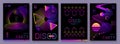Set of retro futuristic holographic disco party posters, covers or banners with different geometric shapes. Fluorescent posters