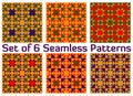 Set of 6 retro geometric seamless patterns with triangles and squares of red, blue, green, violet and orange shades Royalty Free Stock Photo