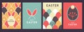 Set of retro holiday flat Easter posters with rabbit ears, Easter eggs, flowers and patterns.