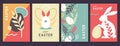 Set of retro holiday flat Easter posters with rabbit ears, Easter eggs, willow branch and floral elements.