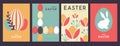 Set of retro holiday flat Easter posters with rabbit silhouette, Easter eggs, willow branch and floral elements.