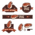 Set of retro labels badges emblems for meat store or butchery market. Vector vintage illustration.