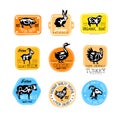 Set of retro labels for dairy and natural meat products. Butcher shop logos. Vector badges with silhouettes of farm Royalty Free Stock Photo