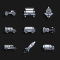 Set Retro minivan, Rocket ship with fire, Tanker truck, Formula race car, School Bus, Off road, Cargo and All Terrain Royalty Free Stock Photo