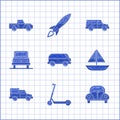 Set Retro minivan, Scooter, Car Volkswagen beetle, Yacht sailboat or sailing ship, Delivery cargo truck vehicle, Off