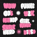 Set of retro phrases, words - wow, y2k, 00's, hip-hop, disco, super hero, punks ,etc. Fashion patch badges, pins