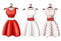 Set of retro pinup cute woman dresses. Short and long elegant black, red and white color polka dot design lady dress collection. V