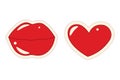 Set of 2 retro pop art stickers of lips and heart in trendy bright hues. Valentine day. Vector. EPS