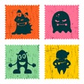 Set of retro postage stamp funny monsters. Cartoon illustration