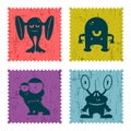 Set of retro postage stamp with funny monsters. Cartoon illustration