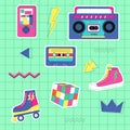 Set of retro 90s stickers. Tape recorder, cassettes, sneakers and roller skates.