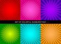 Set of retro shiny colorful starburst background. Collection of abstract sunburst radial red, pink, purple, green, blue, orange