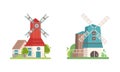 Set of Retro Stone and Wooden Mills, Old Windmill Rural Buildings Cartoon Vector Illustration