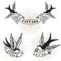 Set of retro style tattoo with swallow bird. Royalty Free Stock Photo