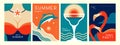 Set of retro summer posters with summer attributes. Cocktail silhouette, flamingo, girl in swimsuit and dolphin silhouette.