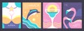 Set of retro summer posters with summer attributes. Cocktail silhouette, flamingo, girl in swimsuit and dolphin silhouette.