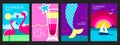 Set of retro summer posters with summer attributes. Cocktail silhouette, flamingo, mermaid tail and ship in the sea.