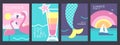 Set of retro summer posters with summer attributes. Cocktail silhouette, flamingo, mermaid tail and ship in the sea.