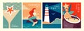 Set of retro summer posters with summer attributes. Cocktail silhouette, pina colada, mermaid, lighthouse and sea.