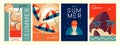 Set of retro summer posters with summer attributes. Cocktail silhouette, tequila sunrise, beach umbrella, ice cream