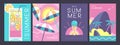 Set of retro summer posters with summer attributes. Cocktail silhouette, tequila sunrise, beach umbrella, ice cream