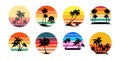 Set of retro sunsets in the style of the 80s and 90s.