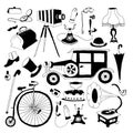 Set of retro things and accessories, black and white. Vector illustration, vintage design silhouettes Royalty Free Stock Photo