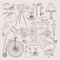 Set of retro things and accessories, lines, hand drawn sketch. Vector illustration, vintage design Royalty Free Stock Photo