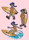 Set of Retro Tropical Balinese Surfing Girl
