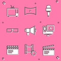 Set Retro tv, Online play video, Microphone, 3D cinema glasses, Megaphone, Action extreme camera, Movie clapper and Play